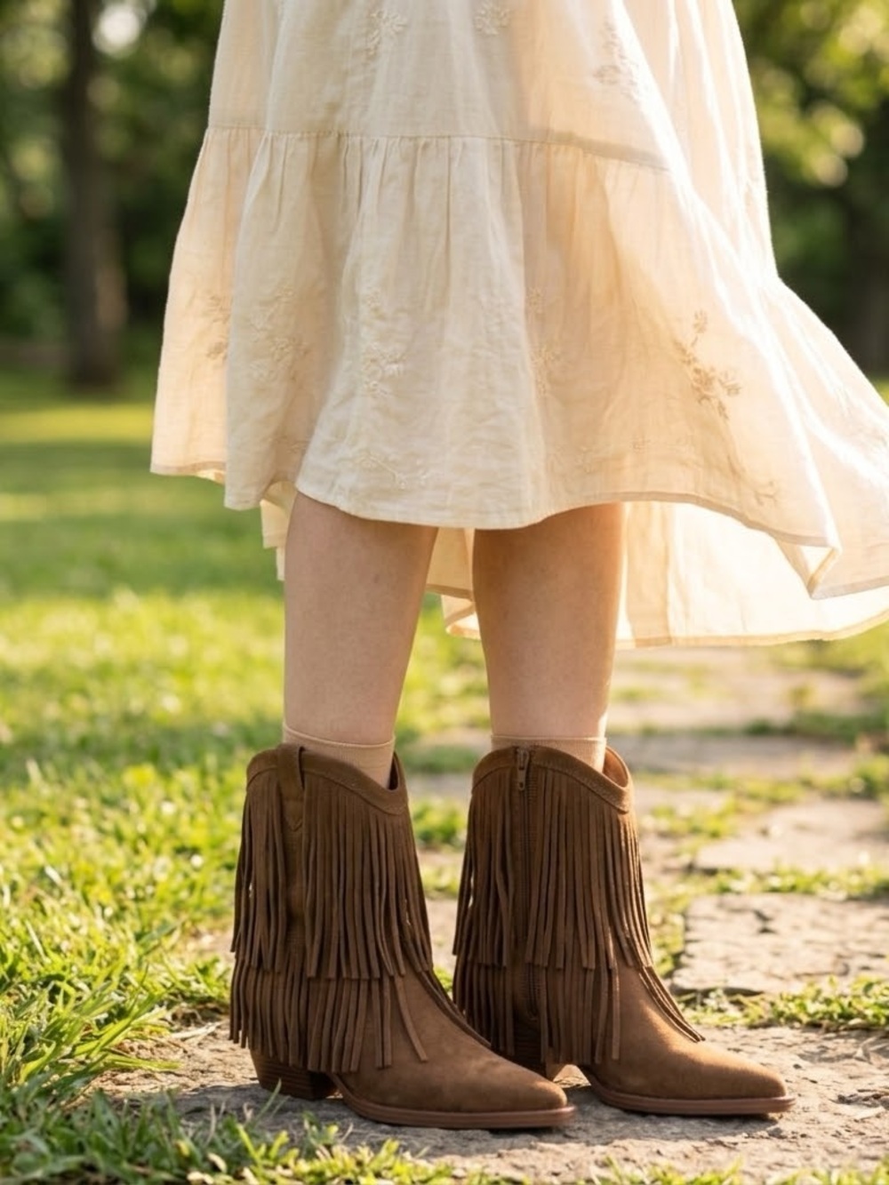 Universal Thread Austin Fringe Western Boots Cognac Brown Faux Suede Womens Sz 6